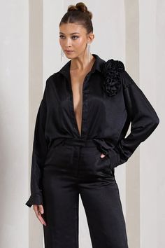 Rosanna Black Satin Oversized Shirt With Flowers – Club L London - USA Satin Oversized Shirt, Shirt With Flowers, Floral Corsage, Perfect Dinner, Black Dress Prom, Black Tie Gala, Maternity Jumpsuit, Christmas Party Dress, Bridesmaid Outfit