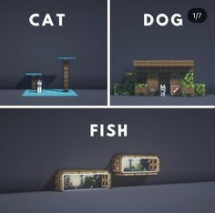 some type of fish house in the middle of two different pictures, one with a cat and