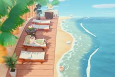 an animated beach scene with lounge chairs and palm trees