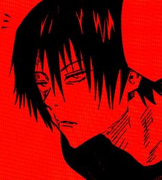 an anime character with black hair and red background