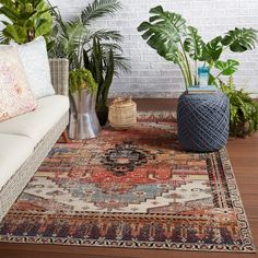 a living room with plants and rugs on the floor