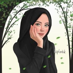 a digital painting of a woman wearing a black hijab with trees in the background