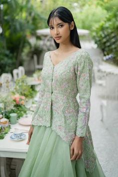 Shop for Varun Chakkilam Green Silk Organza Peplum Top And Skirt Set for Women Online at Aza Fashions Varun Chakkilam, Peplum Top And Skirt, V Neck Peplum Top, Beads Embellishment, Top And Skirt Set, Top Skirt Set, Beaded Neckline, Pistachio Green, Top And Skirt