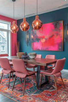 a dining room with blue walls and pink chairs