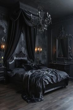 a bedroom with black walls and wooden flooring, chandelier and canopy bed