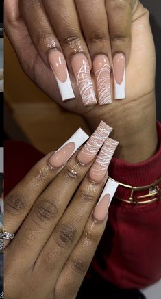 Freestyle Long Acrylic Nails, Pink And White With Design Nails, Xl Acrylic Nails Square, Long French Tip Nails With Design, Spider Gel Nail Designs, Spider Gel Nail Art, Iconic Nails, Clear Glitter Nails, Xl Nails