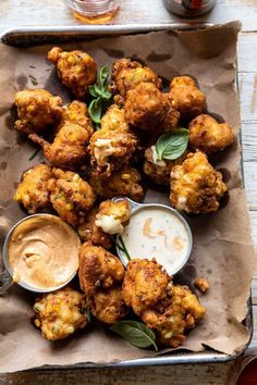 fried cauliflower with dipping sauce on the side