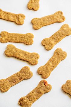 dog treats are laid out on a white surface, including one bone and two bones