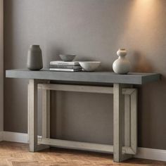 The concrete surface texture and minimalist style console table is a unique and stylish piece of furniture that is perfect for those who want to achieve a modern and industrial look in their living space. With its clean lines, compact footprint, durable materials, versatile use, and easy assembly, it is an excellent choice for any home or office. Latitude Run® Table Base Color: Gray, Table Top Color: Gray | Latitude Run® 59" Solid Wood Console Table 32.0 H x 59.0 W x 16.0 D in grayWood in Gray / Style Console Table, Wood Console Table, Wood Console, Style Minimaliste, Surface Textures, Table Base, Accent Furniture, Minimalist Style, Assemblage