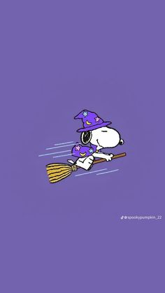 a cartoon character flying on top of a broom in the air with a purple background