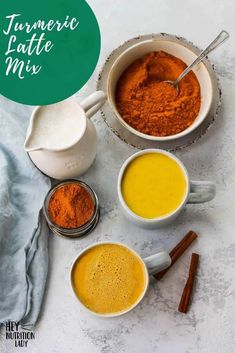 three bowls filled with different types of spices next to each other on a white surface