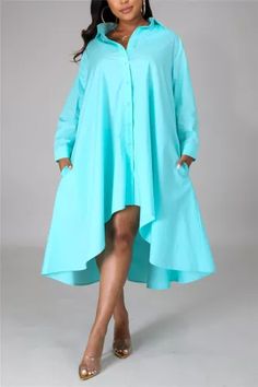 Blue Fashion Casual Regular Sleeve Long Sleeve Turndown Collar Shirt Dress Knee Length Solid Dresses_DRESSES_KnowFashionStyle | Wholesale Shoes,Wholesale Clothing, Cheap Clothes,Cheap Shoes Online. - KnowFashionStyle.com Oversized Long Sleeve Solid Color Shirt Dress, Oversized Solid Color Long Sleeve Shirt Dress, Oversized Long Sleeve Shirt Dress In Solid Color, Oversized Solid Color Button-up Dress, Oversized Button-up Solid Color Dress, Spring Dresses With High-low Hem, Casual Light Blue Long Sleeve Dress, Knee-length Cotton Solid Color Shirt Dress, Spring Cotton Dresses With Curved Hem