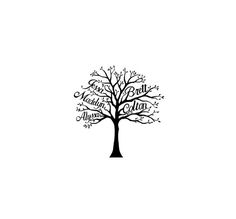 a black and white tree with words on it