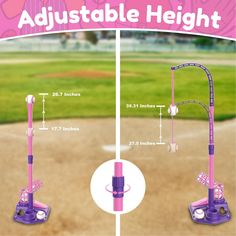 the adjustable height pink and purple baseball game set is shown with measurements for each player