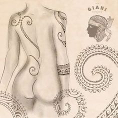 a drawing of a woman with tattoos on her back