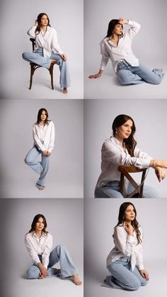 the woman is sitting down and posing for pictures in her jeans, shirt and shoes