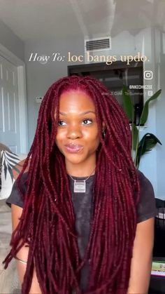 Bang Updo, Burgundy Locs, Dreadlocks Hair Care, Braids Locs, Updo Tutorial, Beautiful Dreadlocks, Beautiful Black Hair, Short Locs Hairstyles, Faux Locs Hairstyles