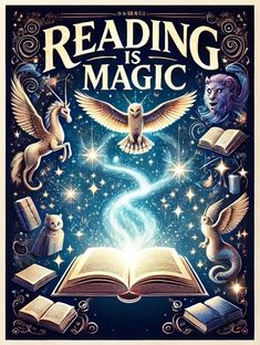 the book cover for reading is magic with an owl and other animals flying around it