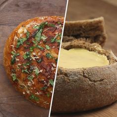 two different types of bread with cheese and herbs