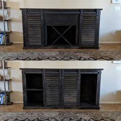 two pictures of an old wooden entertainment center with shutters on the doors and shelves