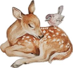 a drawing of a deer and a bird sitting next to each other