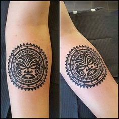 two pictures of tattoos on the arms of people with different shapes and sizes, one has an image of a woman's face