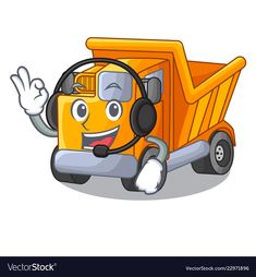 cartoon design of dump truck listening on headphone