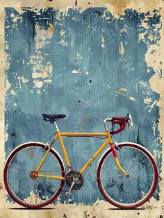 a yellow bicycle parked in front of an old blue and white wall with peeling paint