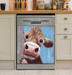 a painting of a cow peeking out from behind a dishwasher in a kitchen