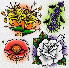 four different colored flowers and bats on a white background