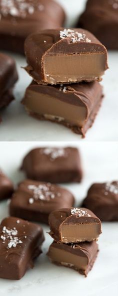 two pictures of chocolate pieces with white sprinkles