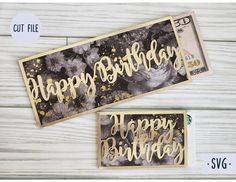 two birthday cards with the words happy birthday written in gold and black ink on them