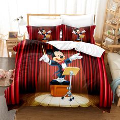 mickey mouse bedding set with red curtain and musical instrument on stage in front of window