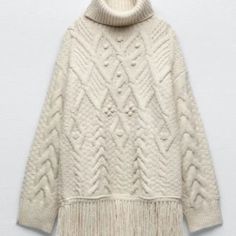 Nwt-Zara Women's Fringed Knit Sweater W/ Pom Poms Ecru White Size S 3859/117 This Was The Bloggers Favorite, With Pompom And Fringe Detailing. 91% Acrylic, 5% Polyester, 4% Polyamide You Will Love This Sweater! Width (Armpit-To-Armpit) 21" Length (Measured On The Back) 28" Sleeve 21'' Soft,Warm And Comfortable - A Pleasure To Wear!