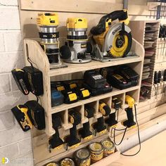 a shelf filled with tools on top of a table