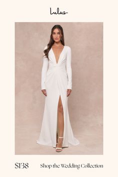 a woman in a white dress with the words shop the wedding collection on it's page