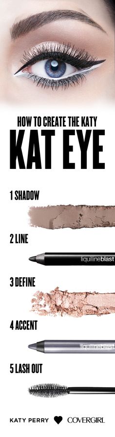 Step 1: Apply shade #3 from Notice Me Nudes Eye Shadow Quad all over eyelid Step 2: Line the top of the eye with Liquiline Blast Liner in Black Fire Step 3: Line the inside of eye with shade #1 from Notice Me Nudes. Follow the line beneath the waterline Step 4: Use Liquiline Blast Eyeliner in Silver Spark and apply just beneath the white shadow Step 5: Apply Katy Kat Mascara in Very Black to upper and lower lashes. Use multiple coats for added volume Shadow Ideas, Katy Kat, Notice Me, Eyeshadow Quad, White Shadow, Nude Eyeshadow, Style Goals, Lower Lashes, Black Fire