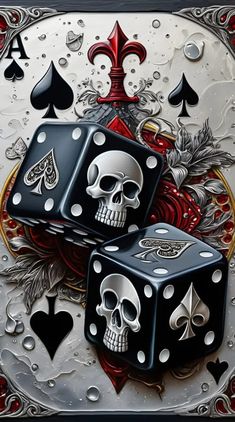 two dices with skulls on them and playing cards in front of the image is water droplets