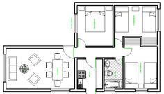 the floor plan for an apartment with two separate rooms and one bedroom on each side