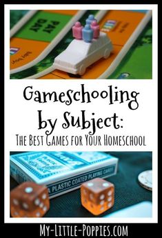 the front cover of a book with two dices on it and text that reads, gameschooling by subject