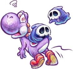 a drawing of a cartoon character with two skulls on his back and one skull in the air