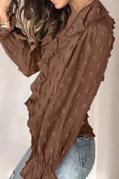 Brown Bubble Sleeve V Neck Ruffles Fuzzy Polka Dot Blouse Casual Swiss Dot Tops For Fall, Polka Dot Swiss Dot Tops For Fall, Autumn Sleeve, Bubble Sleeve, Comfy Fashion, Polka Dot Blouse, Blouse Online, Neck Ruffle, Polka Dot Pattern