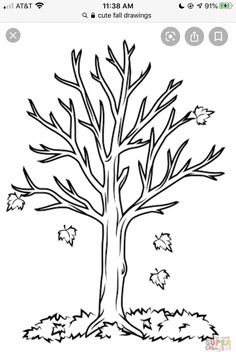 a black and white drawing of a tree with leaves falling off the branches on it