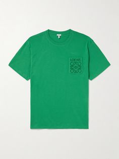 Wardrobe essentials rarely feel as refined as Loewe's. This T-shirt is cut for a relaxed fit from soft, lightweight cotton-jersey and embroidered with the label's signature 'Anagram' logo across the chest patch pocket. Green Cotton Tops With Logo Detail, Green Cotton T-shirt With Logo, Classic Green Top With Embroidered Logo, Green Casual Logo T-shirt, Casual Green Logo T-shirt, Green Casual T-shirt With Logo, Casual Green T-shirt With Embroidered Logo, Relaxed Fit Green Top With Embroidered Logo, Green Relaxed Fit Top With Embroidered Logo