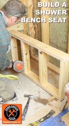 a man working on building a bench seat