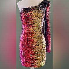 This Dress Is Beautiful In Person And Photos! One Sleeve Short Dress No Flaws That I Can See! Sequin Does Need To Be Flattened Out Once Put On! Dress First, Short Dress, Sequin Dress, Pink Red, Put On, One Shoulder, Sequin, Short Dresses, Short Sleeve Dresses