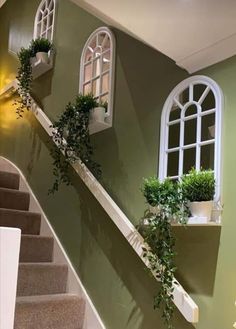 the stairs are painted green with white windows and potted plants on each one side