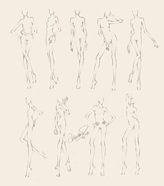 a line drawing of various female mannequins in different poses and positions, all facing the same direction