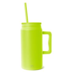 a green cup with a straw in it