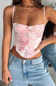 In The Morning Bustier Primrose Pink Y2k Cami, Backless Tank Top, Girls Tunics, White Fox Boutique, Short Denim, Mini Robes, Print Models, Sleeveless Crop Top, Print Crop Tops